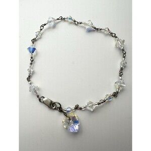 925 Sterling Silver AB Crystal Heart Charm Bracelet 8”